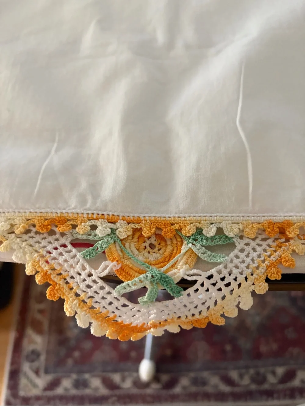 Handcrafted Yellow Floral Crochet Trim pillowcase with Green Leaf Detail